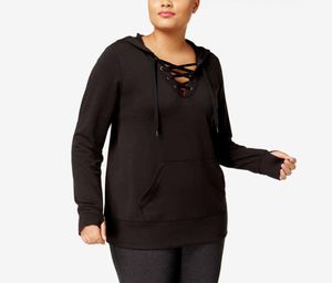 Womens Plus Size Lace-Up Long Sleeve Knit Hoodie Sweaters  Black
