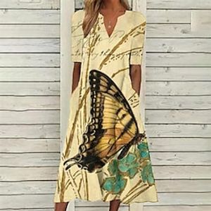 Women's A Line Dress Midi Dress Green Yellow Beige Short Sleeve Floral Butterfly Letter Pocket Print Spring Summer V Neck Elegant Vintage 2022 S M L XL XXL 3XL 4XL 5XL Lightinthebox