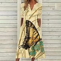 Women's A Line Dress Midi Dress Green Yellow Beige Short Sleeve Floral Butterfly Letter Pocket Print Spring Summer V Neck Elegant Vintage 2022 S M L XL XXL 3XL 4XL 5XL Lightinthebox - thumbnail