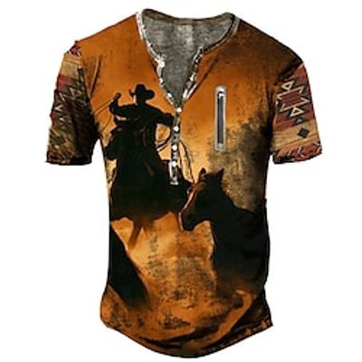 Men's Henley Shirt Tee T shirt Tee 3D Print Graphic Patterned Horse Plus Size Henley Daily Sports Zipper Button-Down Short Sleeve Tops Designer Basic Essential Casual Big and Tall Orange  Summer Lightinthebox