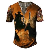 Men's Henley Shirt Tee T shirt Tee 3D Print Graphic Patterned Horse Plus Size Henley Daily Sports Zipper Button-Down Short Sleeve Tops Designer Basic Essential Casual Big and Tall Orange  Summer Lightinthebox - thumbnail