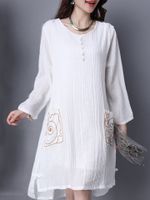 Vintage Pocket Embroidery Long Sleeves Dresses For Women