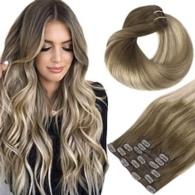 Clip in Hair Extensions Walnut Brown to Ash Brown and Bleach Blonde 120g Clip in Hair Extensions Real Human Hair Straight Remy Hair Clip in Hair Extensions 14 inch 7pcs Lightinthebox
