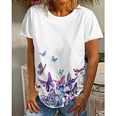 Women's Butterfly Painting T shirt Graphic Butterfly Print Round Neck Basic Tops White Blue Purple miniinthebox