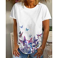Women's Butterfly Painting T shirt Graphic Butterfly Print Round Neck Basic Tops White Blue Purple miniinthebox - thumbnail
