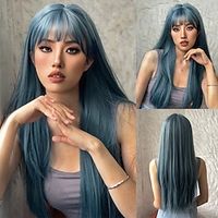Cosplay Costume Wig Synthetic Wig Straight Neat Bang Machine Made Wig 24 inch Lake Blue Synthetic Hair Women's Blue miniinthebox