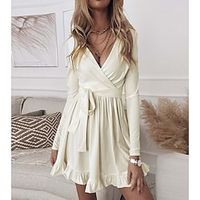 Women's Casual Dress White Dress Mini Dress Black khaki White Long Sleeve Pure Color Ruffle Winter Fall Spring V Neck Romantic Winter Dress Daily Fall Dress 2022 S M L XL 2XL Lightinthebox - thumbnail