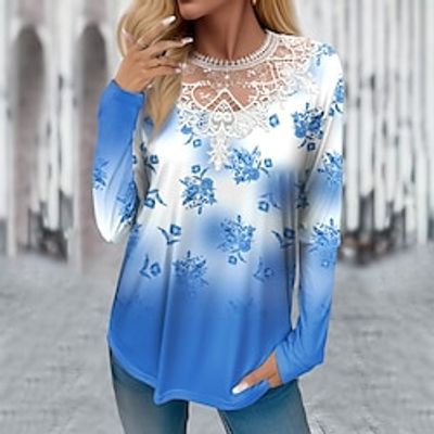 Women's T shirt Tee Floral Casual Holiday Blue Purple Green Print Lace Patchwork Long Sleeve Fashion Round Neck Regular Fit Spring   Fall Lightinthebox