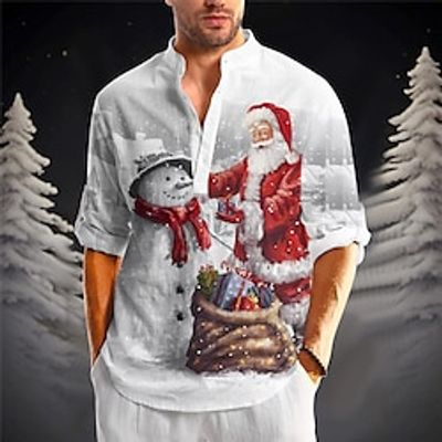 Santa Claus Casual Men's Shirt Linen Shirt Daily Wear Going out Weekend Fall  Winter Turndown Long Sleeve Burgundy, Blue S, M, L Slub Fabric Shirt Christmas Lightinthebox