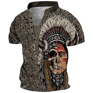 Men's T shirt Tee Henley Shirt Tee Graphic Stand Collar Coffee 3D Print Plus Size Outdoor Daily Short Sleeve Button-Down Print Clothing Apparel Basic Designer Ethnic Style Casual  Summer  Summer Lightinthebox