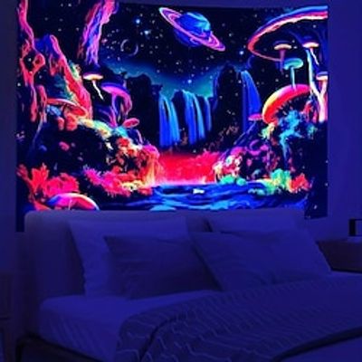 Galaxy Mushroom Blacklight Tapestry UV Reactive Trippy Misty Mushroom Nature Landscape Hanging Tapestry Wall Art Mural for Living Room Bedroom miniinthebox