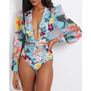Women's Swimwear One Piece Normal Swimsuit Cut Out Printing Floral Pink Blue Bodysuit Bathing Suits Sports Summer Lightinthebox