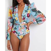 Women's Swimwear One Piece Normal Swimsuit Cut Out Printing Floral Pink Blue Bodysuit Bathing Suits Sports Summer Lightinthebox - thumbnail