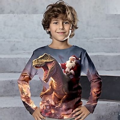 Christmas Boys 3D Santa Claus Dinosaur Tee Shirt Long Sleeve 3D Print Fall Winter Sports Fashion Streetwear Polyester Kids 3-12 Years Crew Neck Outdoor Casual Daily Regular Fit miniinthebox