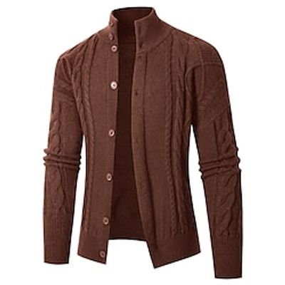 Men's Cardigan Sweater Cropped Sweater Cable Knit Regular Button Knitted Plain Stand Collar Warm Ups Modern Contemporary Daily Wear Going out Clothing Apparel Winter Dark Navy Beige S M L Lightinthebox
