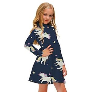 Kids Little Girls' Dress Unicorn Animal A Line Dress Daily Holiday Vacation Print Navy Blue Above Knee Long Sleeve Casual Cute Sweet Dresses Fall Spring Regular Fit 3-12 Years miniinthebox