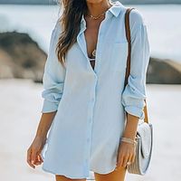 Women's Shirt Dress Short Mini Dress Blue Pink Long Sleeve Solid Color Pocket Spring Summer Shirt Collar Casual 2022 S M L XL Lightinthebox - thumbnail