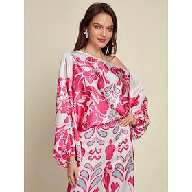 Satin Floral Off Shoulder Lantern Sleeve Silk Blouse