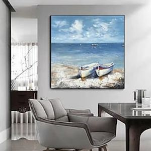 Handmade Oil Painting Canvas Wall Art Decoration Abstract Seascape Painting Boats On The  Beach for Home Decor Rolled Frameless Unstretched Painting miniinthebox